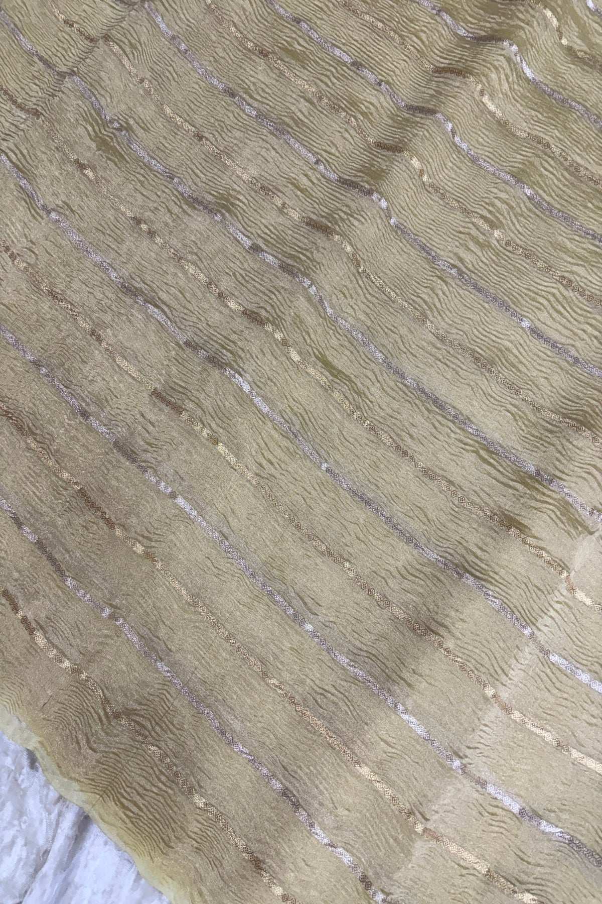 Crushed Banaras Organza Tissue Fabric With Horizontal Silver & Gold Zari Woven Lines