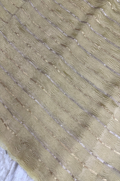 Crushed Banaras Organza Tissue Fabric With Horizontal Silver & Gold Zari Woven Lines