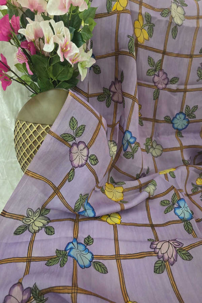 Checkered Floral Hand Painted Pure Pen Kalamkari Fabric