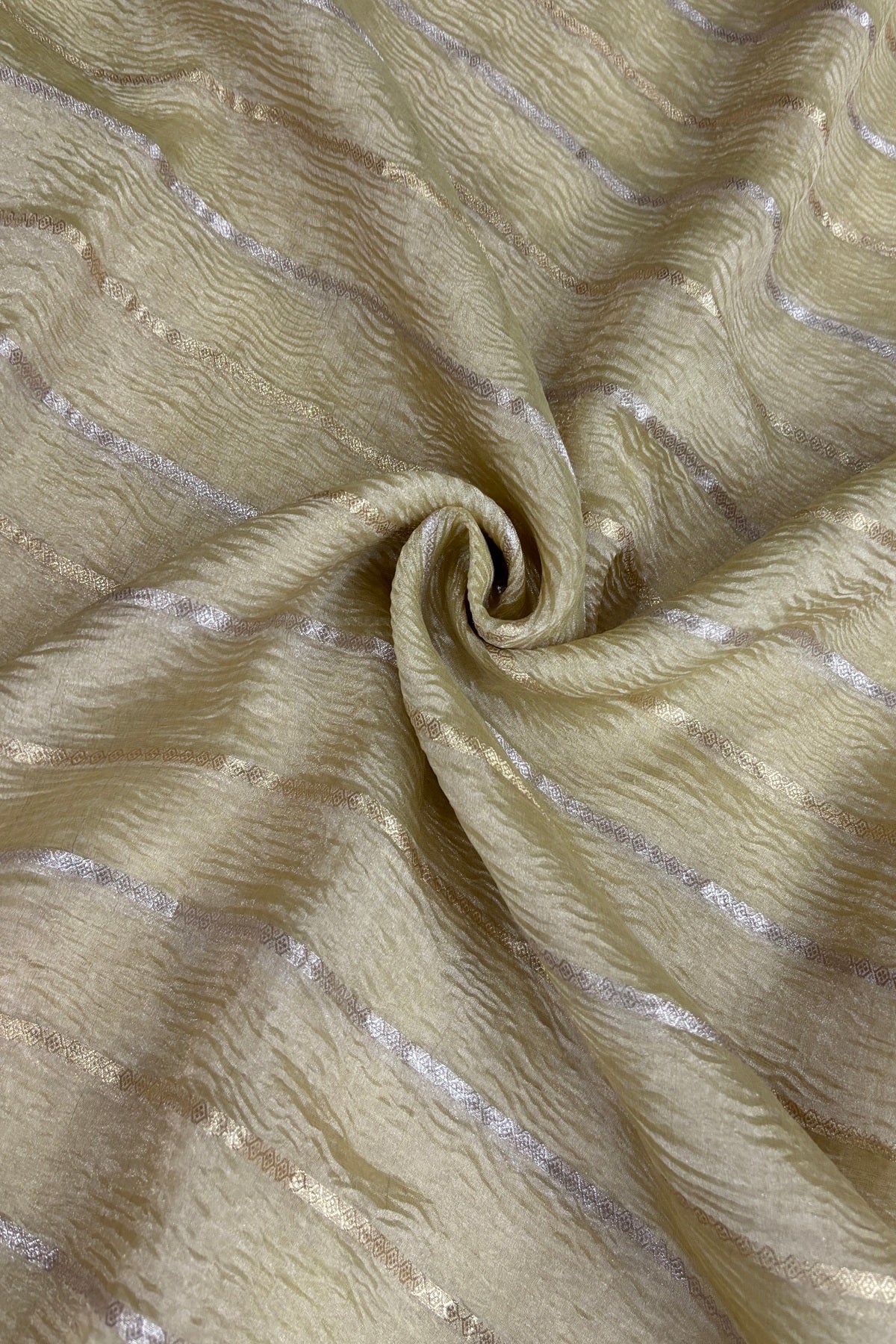 Crushed Banaras Organza Tissue Fabric With Horizontal Silver & Gold Zari Woven Lines