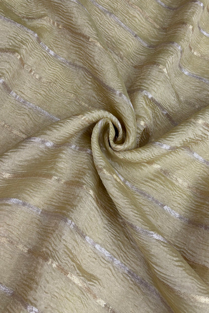 Crushed Banaras Organza Tissue Fabric With Horizontal Silver & Gold Zari Woven Lines