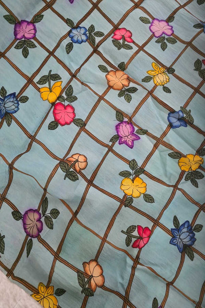 Checkered Floral Hand Painted Pure Pen Kalamkari Fabric