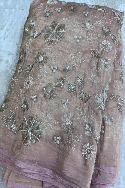 Glass Tissue Fabric Embroidered Floral Bunches With Cut Beads & Sequins