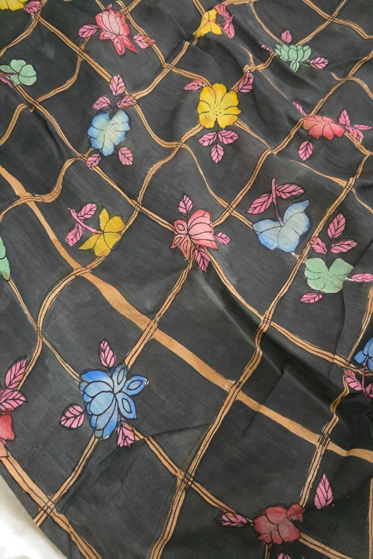 Checkered Floral Hand Painted Pure Pen Kalamkari Fabric