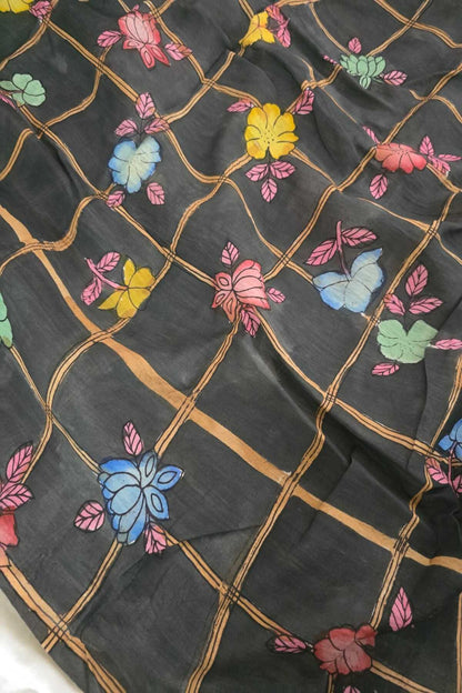 Checkered Floral Hand Painted Pure Pen Kalamkari Fabric
