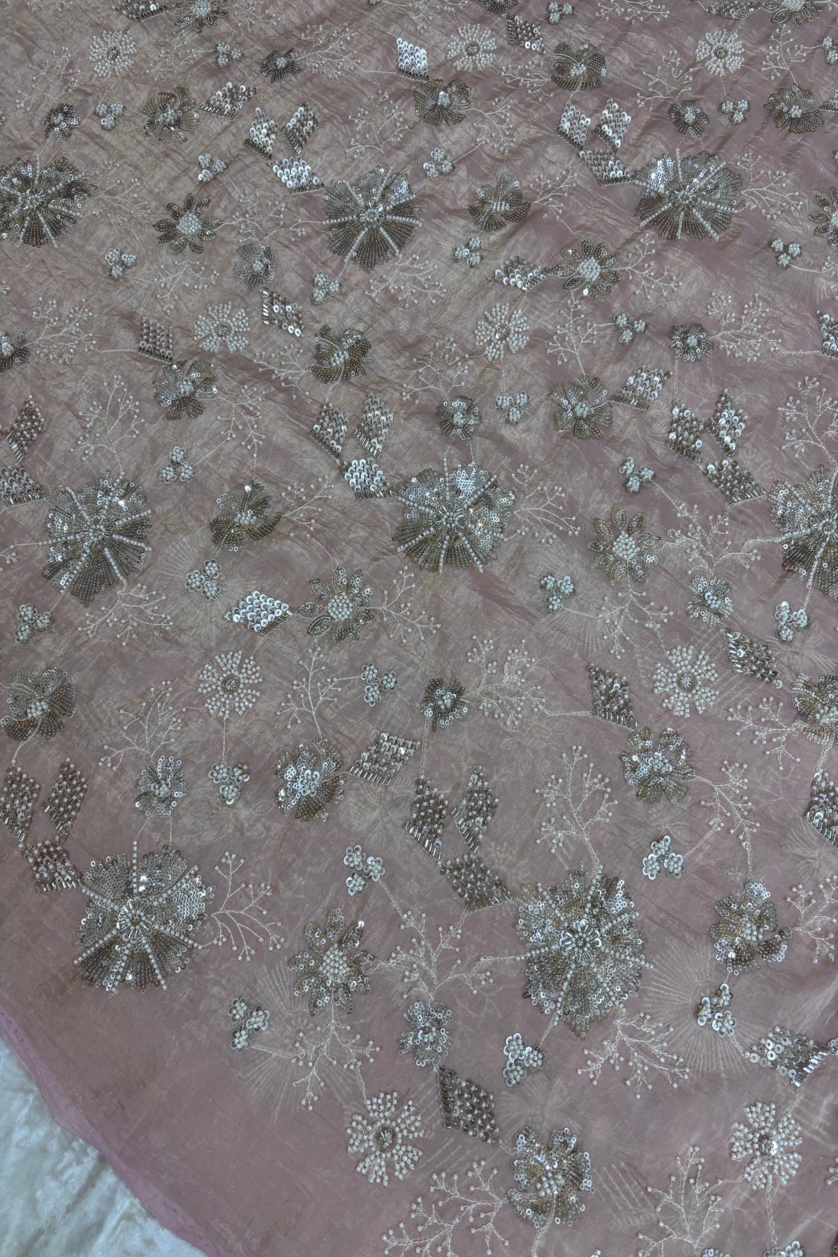 Glass Tissue Fabric Embroidered Floral Bunches With Cut Beads & Sequins