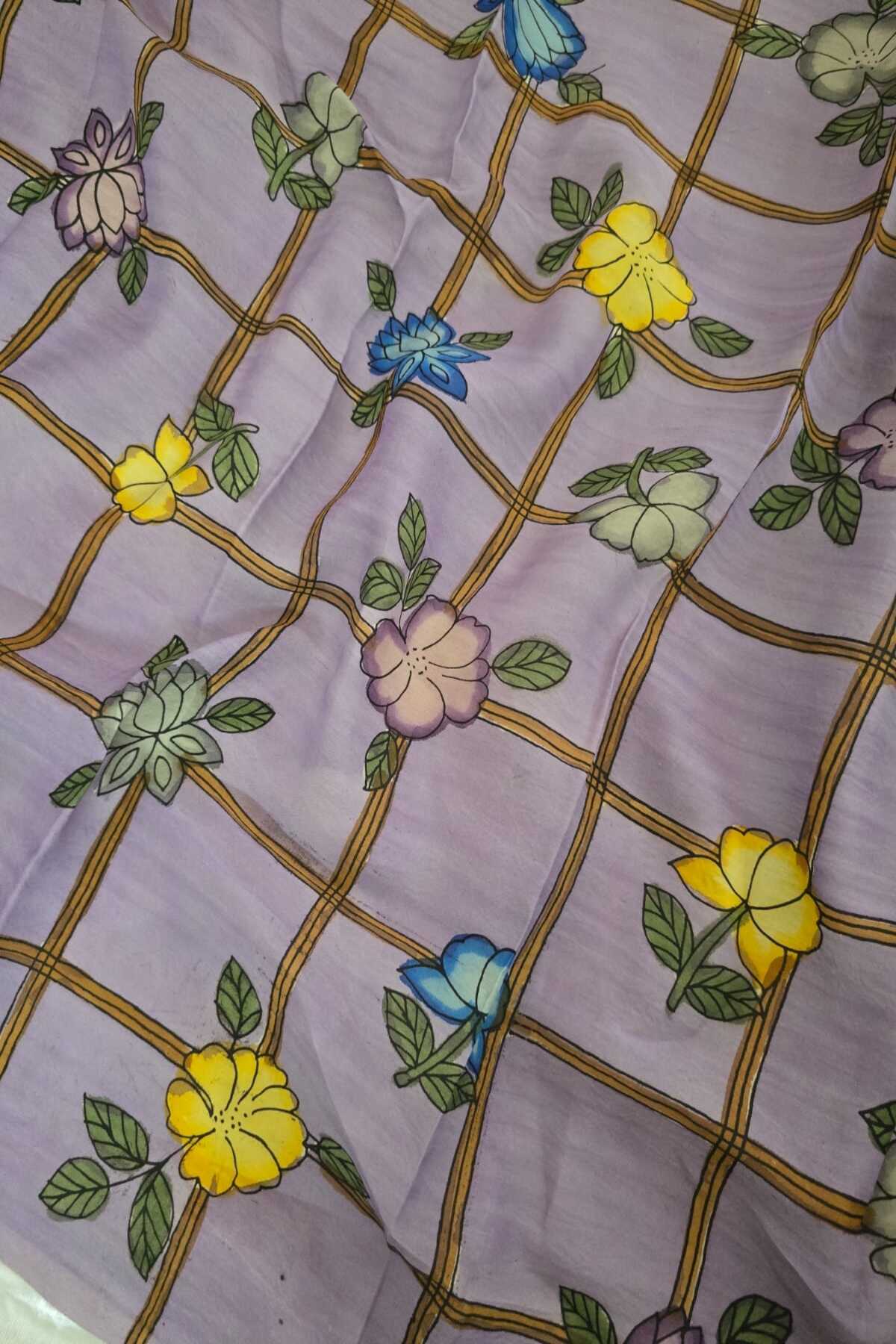 Checkered Floral Hand Painted Pure Pen Kalamkari Fabric