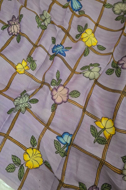 Checkered Floral Hand Painted Pure Pen Kalamkari Fabric