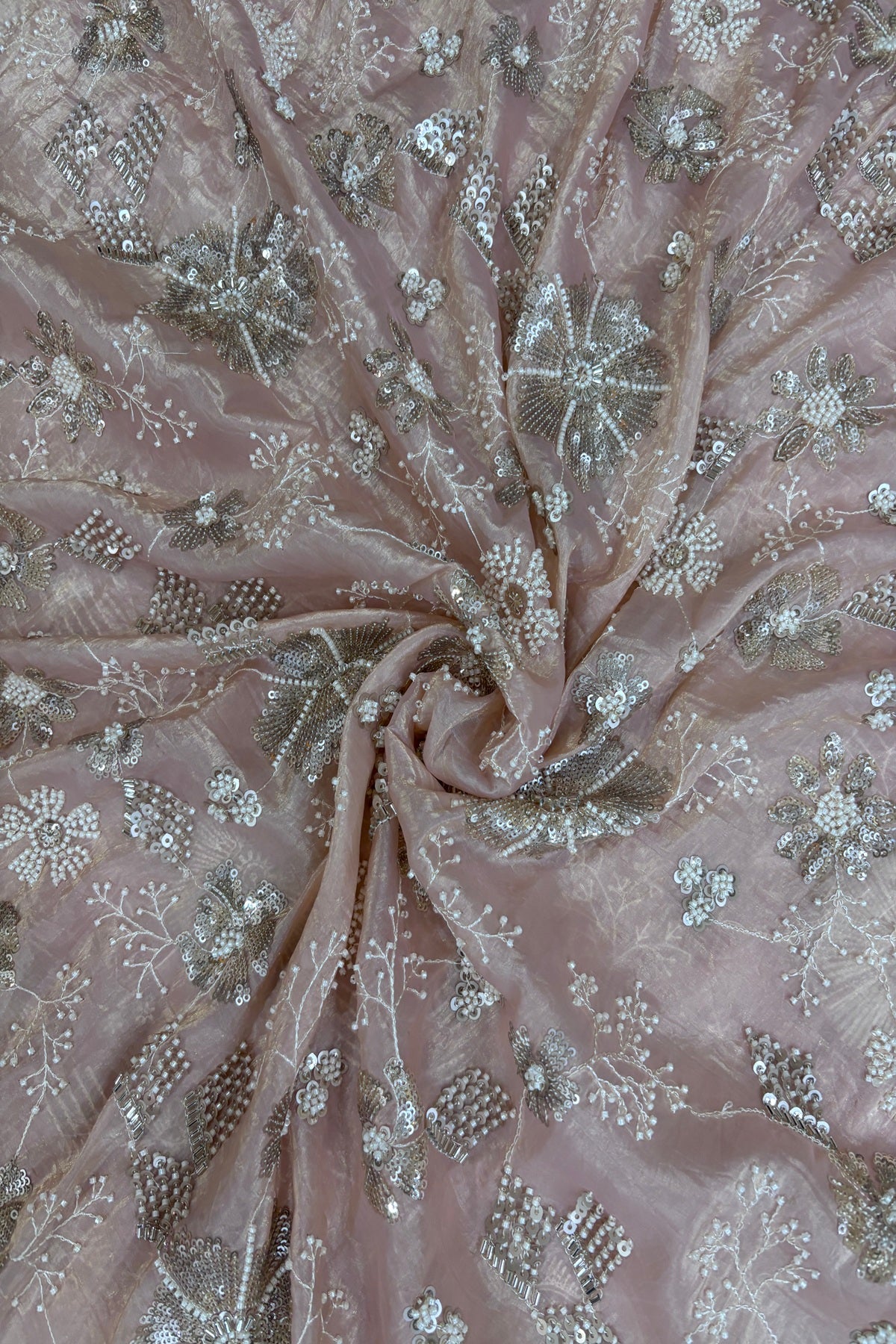 Glass Tissue Fabric Embroidered Floral Bunches With Cut Beads & Sequins