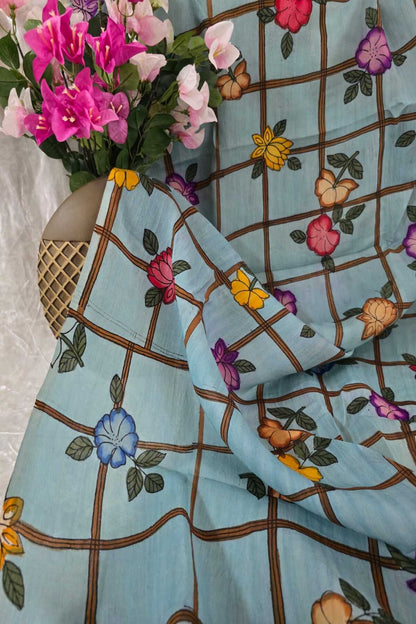 Checkered Floral Hand Painted Pure Pen Kalamkari Fabric