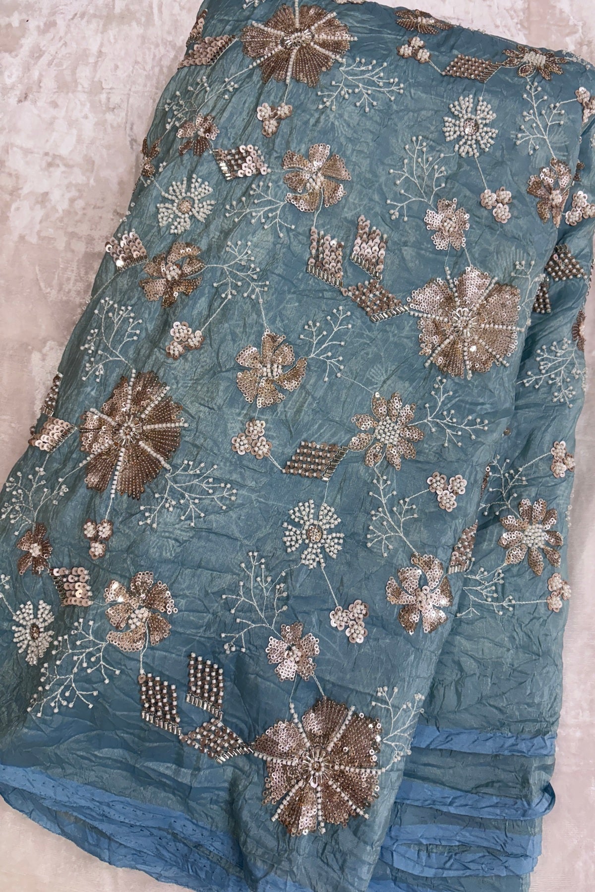 Glass Tissue Fabric Embroidered Floral Bunches With Cut Beads & Sequins