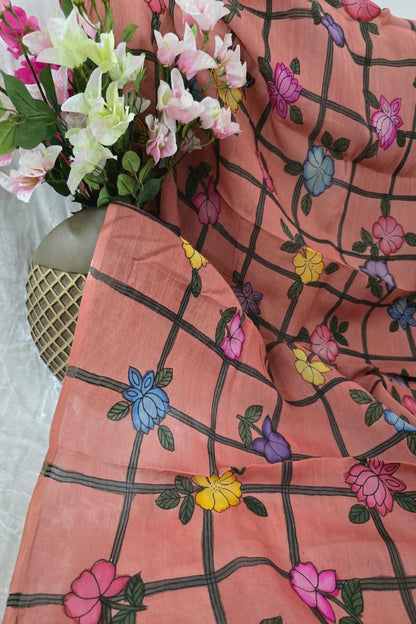 Checkered Floral Hand Painted Pure Pen Kalamkari Fabric