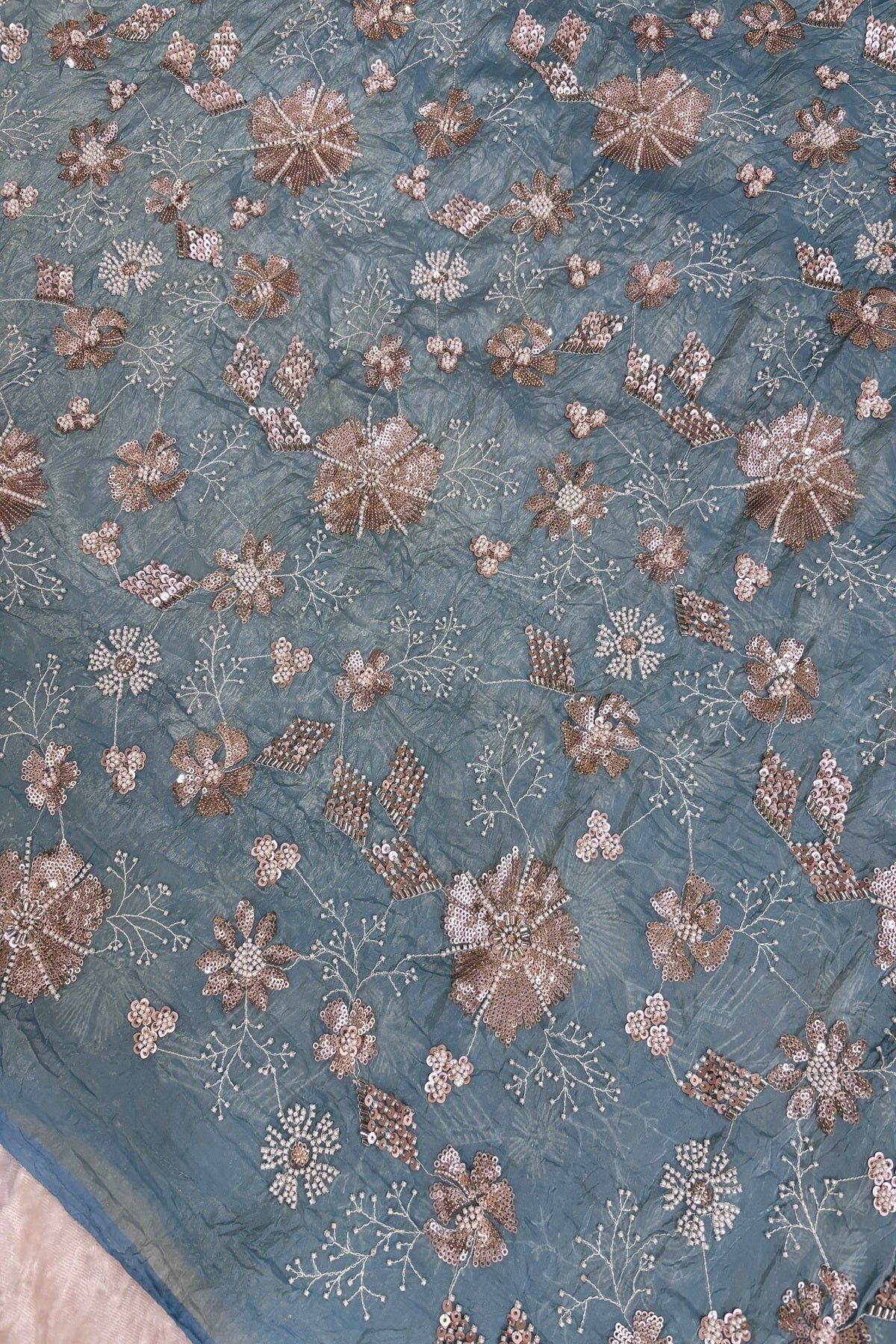 Glass Tissue Fabric Embroidered Floral Bunches With Cut Beads & Sequins
