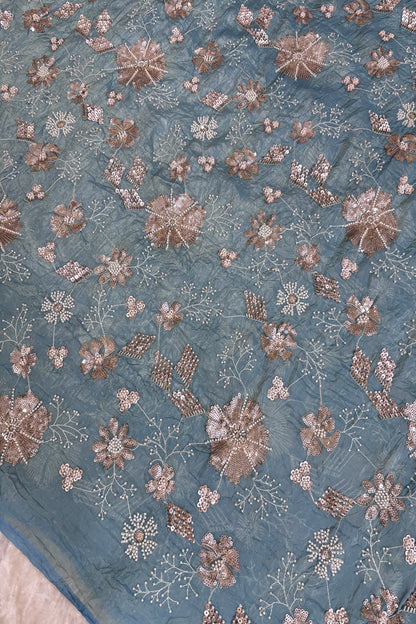Glass Tissue Fabric Embroidered Floral Bunches With Cut Beads & Sequins