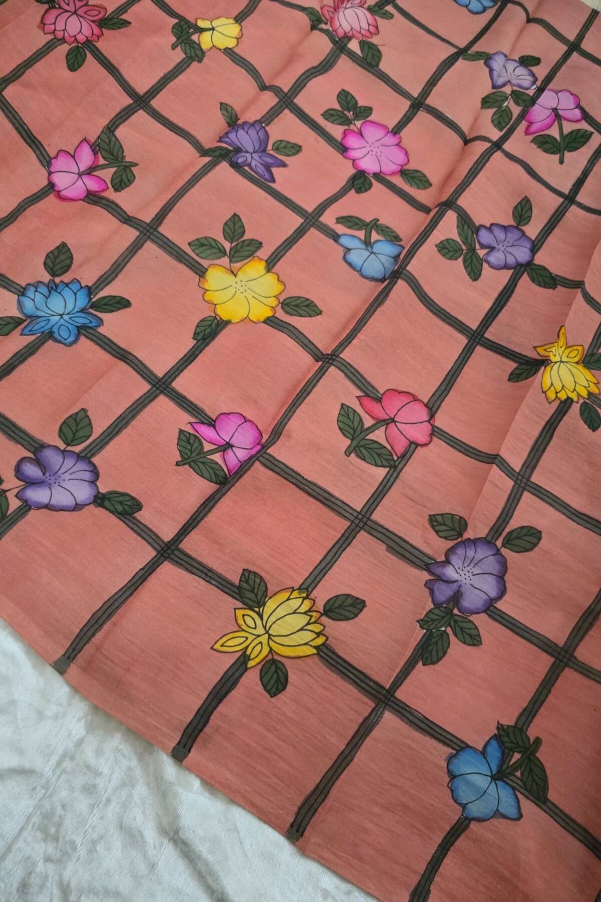 Checkered Floral Hand Painted Pure Pen Kalamkari Fabric