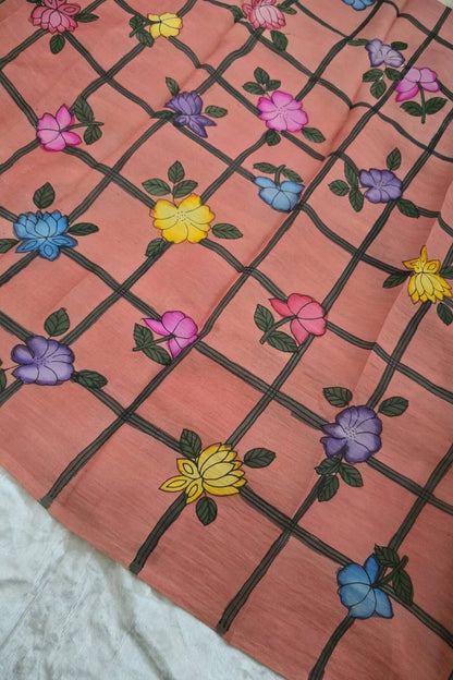 Checkered Floral Hand Painted Pure Pen Kalamkari Fabric