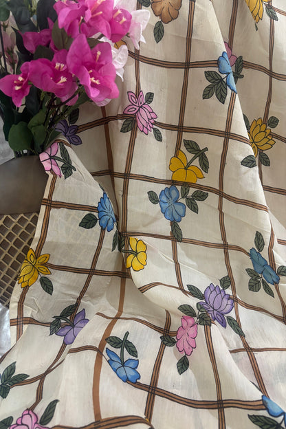 Checkered Floral Hand Painted Pure Pen Kalamkari Fabric