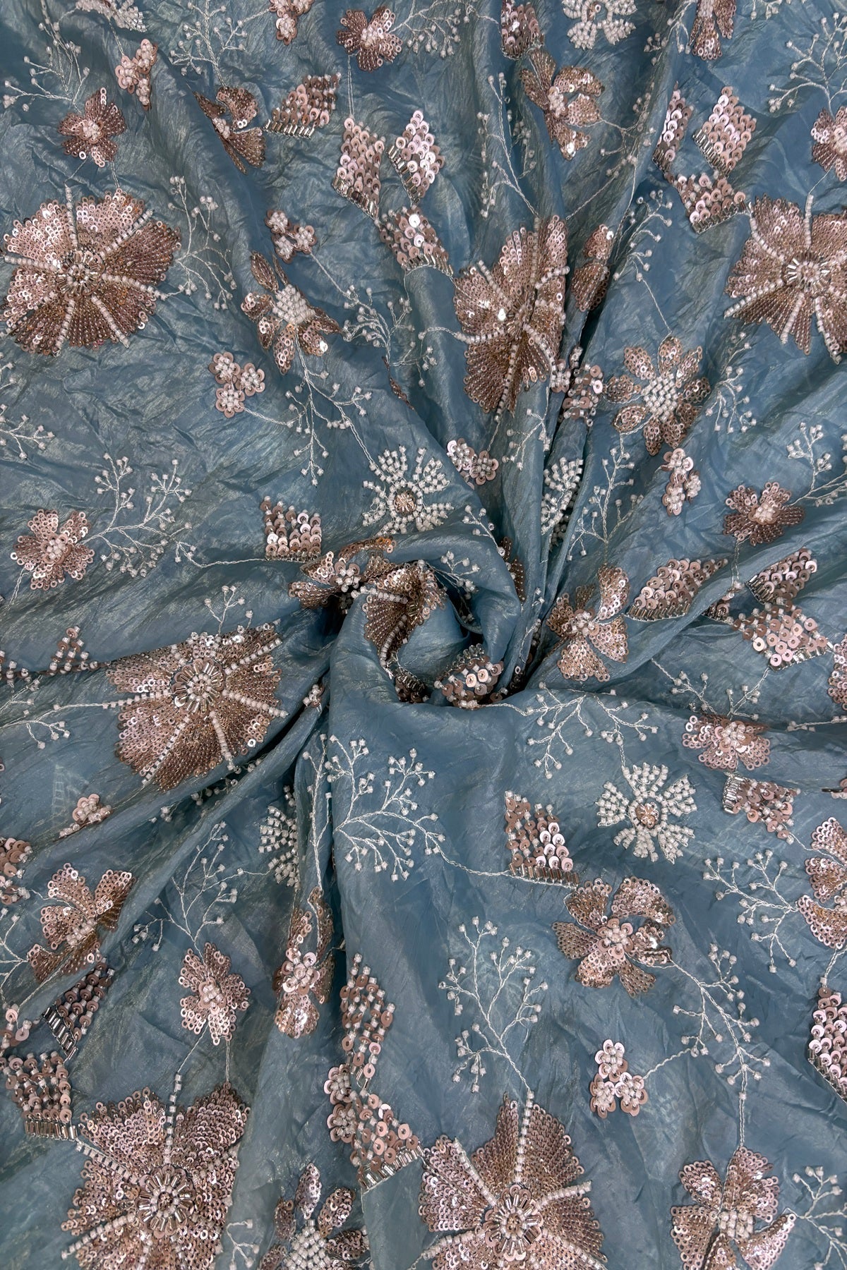 Glass Tissue Fabric Embroidered Floral Bunches With Cut Beads & Sequins