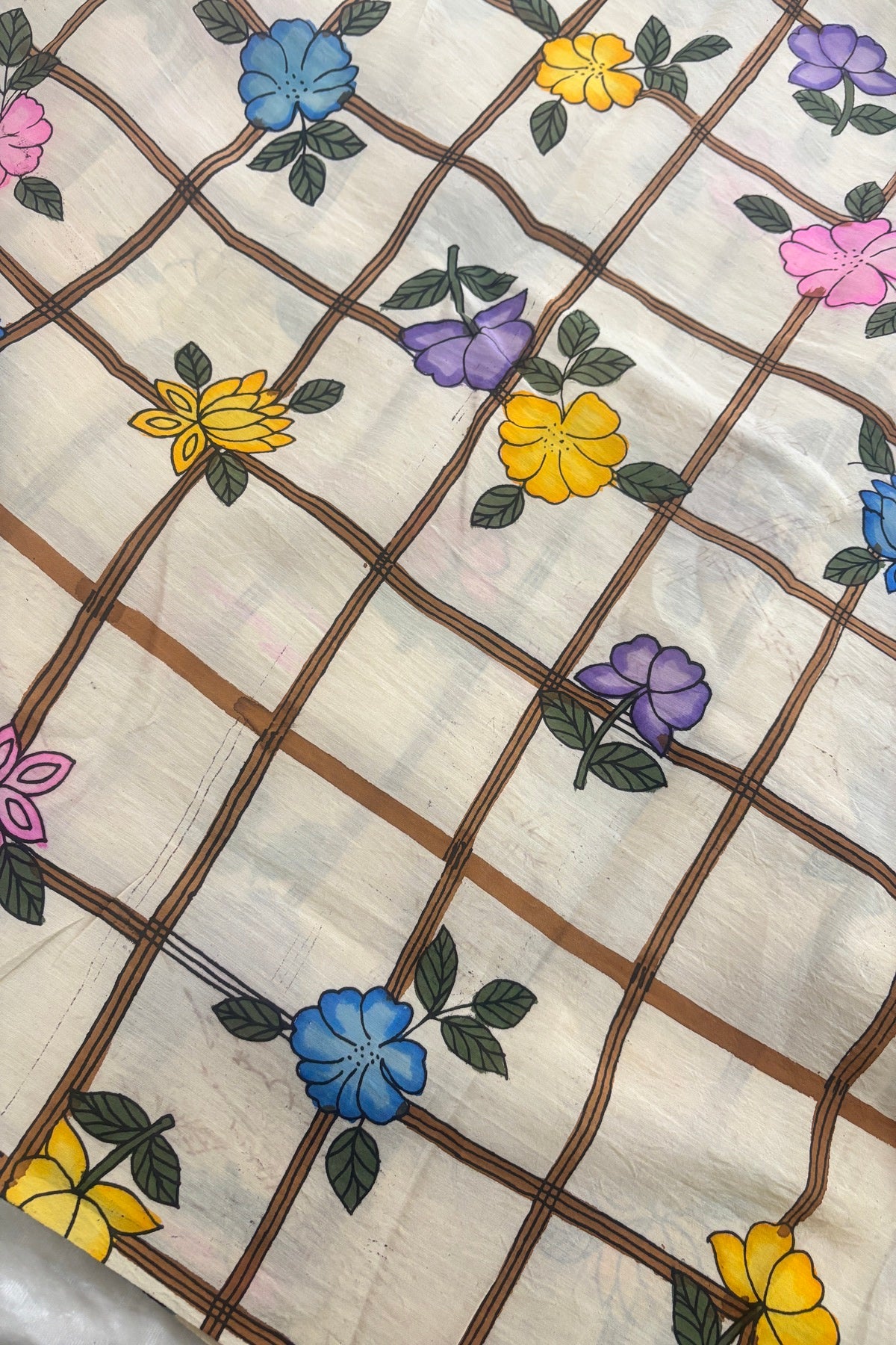 Checkered Floral Hand Painted Pure Pen Kalamkari Fabric