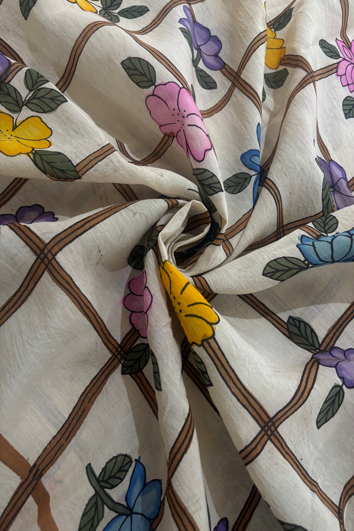 Checkered Floral Hand Painted Pure Pen Kalamkari Fabric