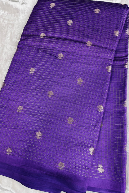 Pure Banaras Silk Fabric With Half Inch Zari Chex & Floral Motifs