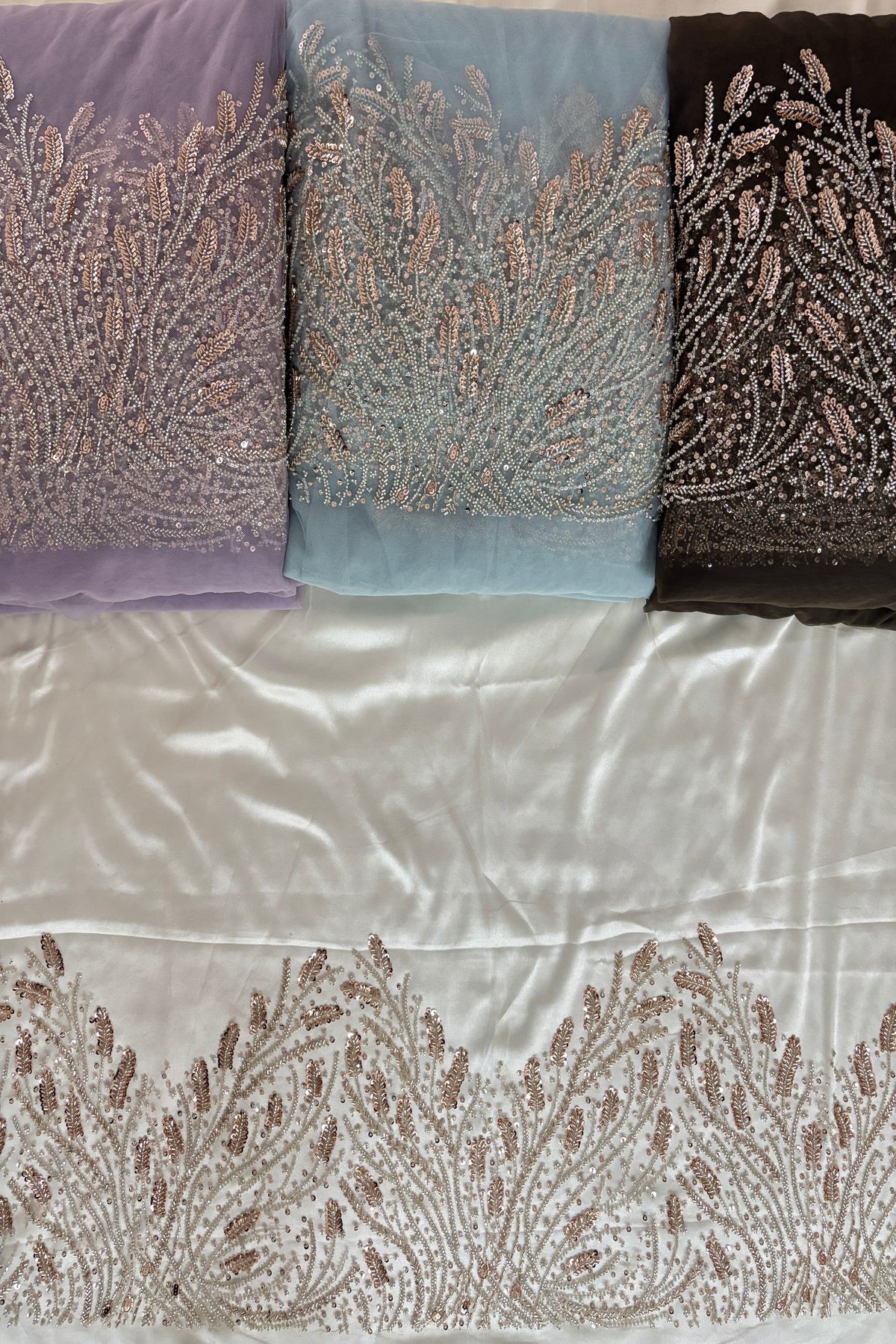 Coral Reef Patterned Cutbeads & Sequins Embroidered Net Fabric