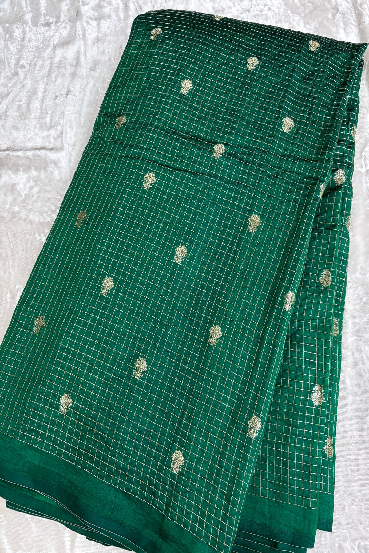 Pure Banaras Silk Fabric With Half Inch Zari Chex & Floral Motifs