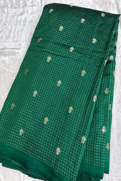 Pure Banaras Silk Fabric With Half Inch Zari Chex & Floral Motifs
