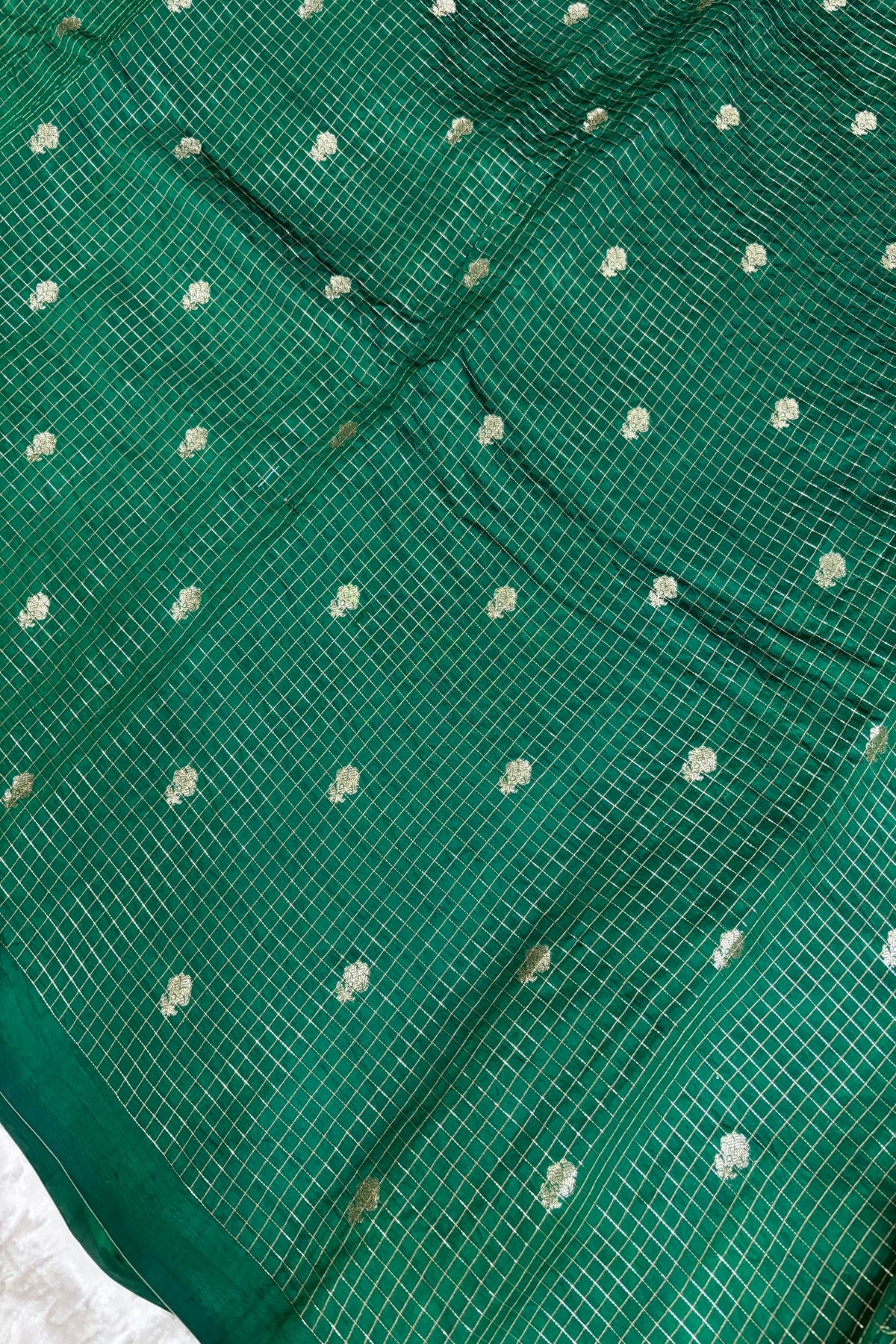 Pure Banaras Silk Fabric With Half Inch Zari Chex & Floral Motifs