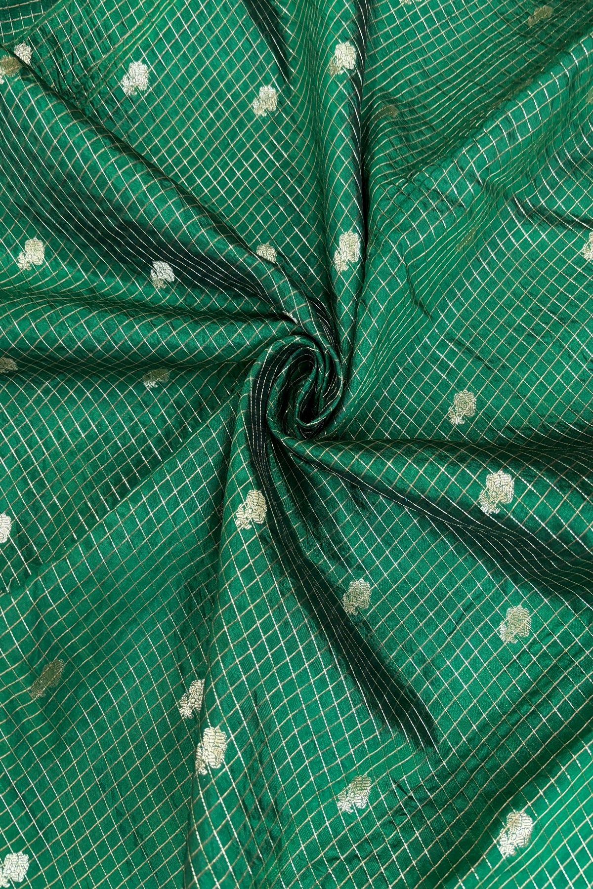 Pure Banaras Silk Fabric With Half Inch Zari Chex & Floral Motifs