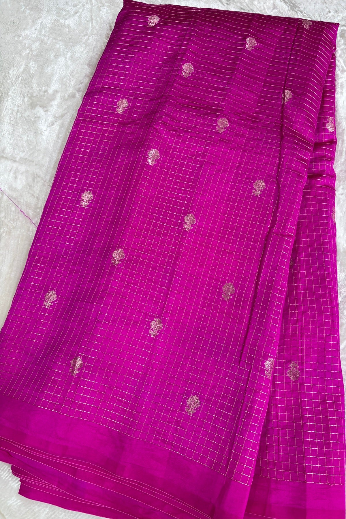 Pure Banaras Silk Fabric With Half Inch Zari Chex & Floral Motifs