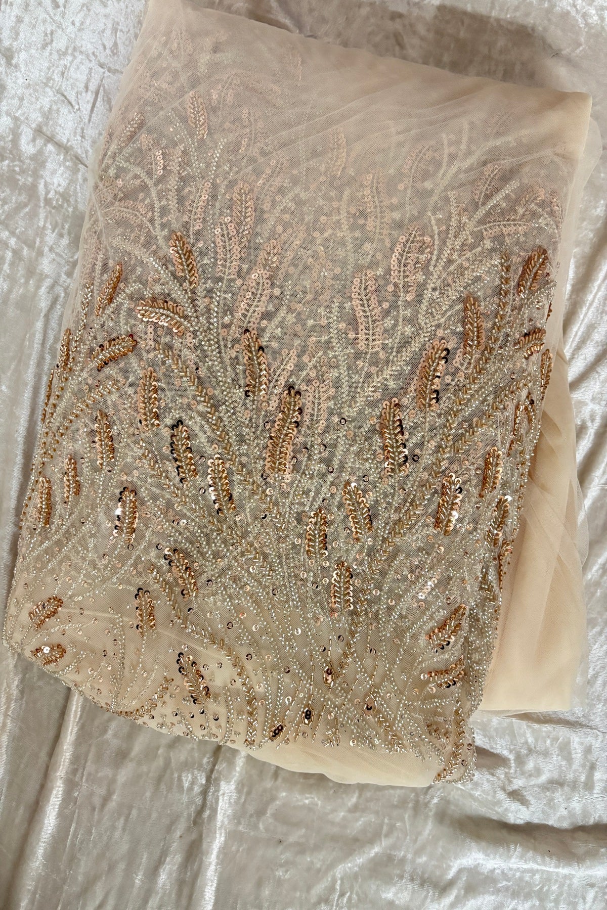 Coral Reef Patterned Cutbeads & Sequins Embroidered Net Fabric