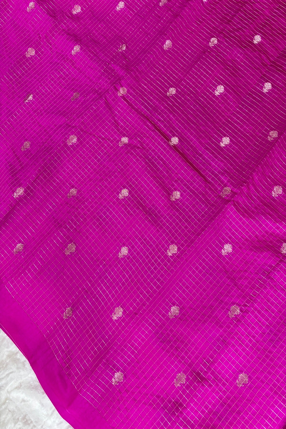 Pure Banaras Silk Fabric With Half Inch Zari Chex & Floral Motifs
