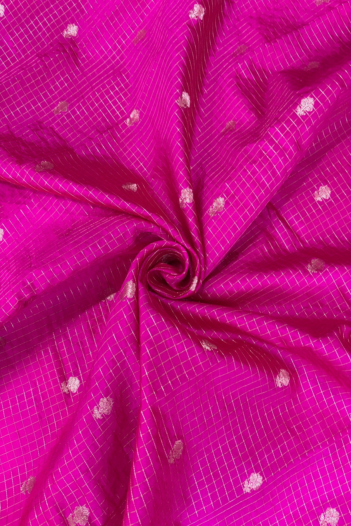 Pure Banaras Silk Fabric With Half Inch Zari Chex & Floral Motifs