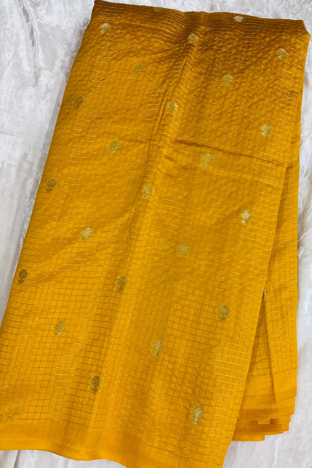 Pure Banaras Silk Fabric With Half Inch Zari Chex & Floral Motifs