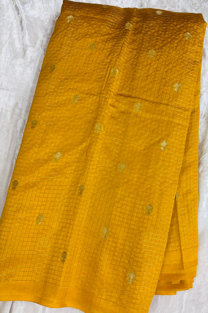 Pure Banaras Silk Fabric With Half Inch Zari Chex & Floral Motifs
