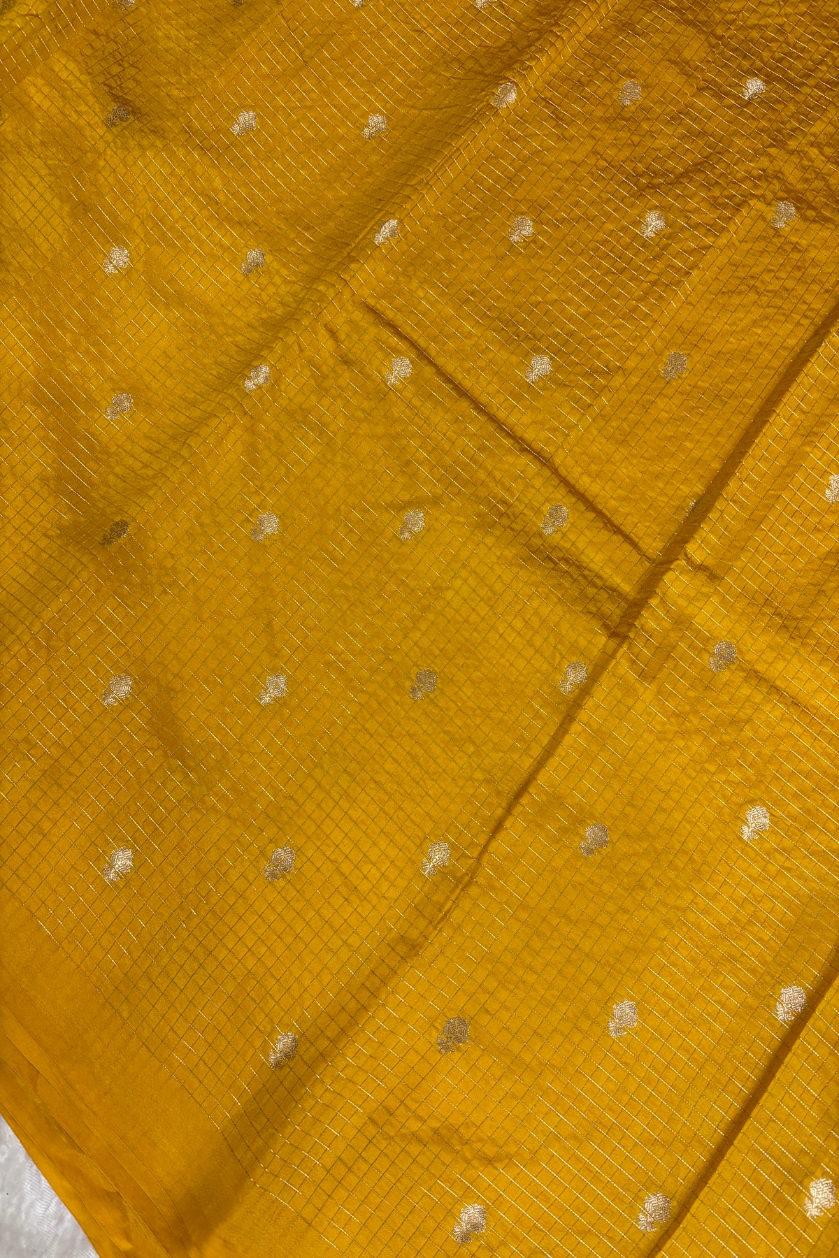 Pure Banaras Silk Fabric With Half Inch Zari Chex & Floral Motifs