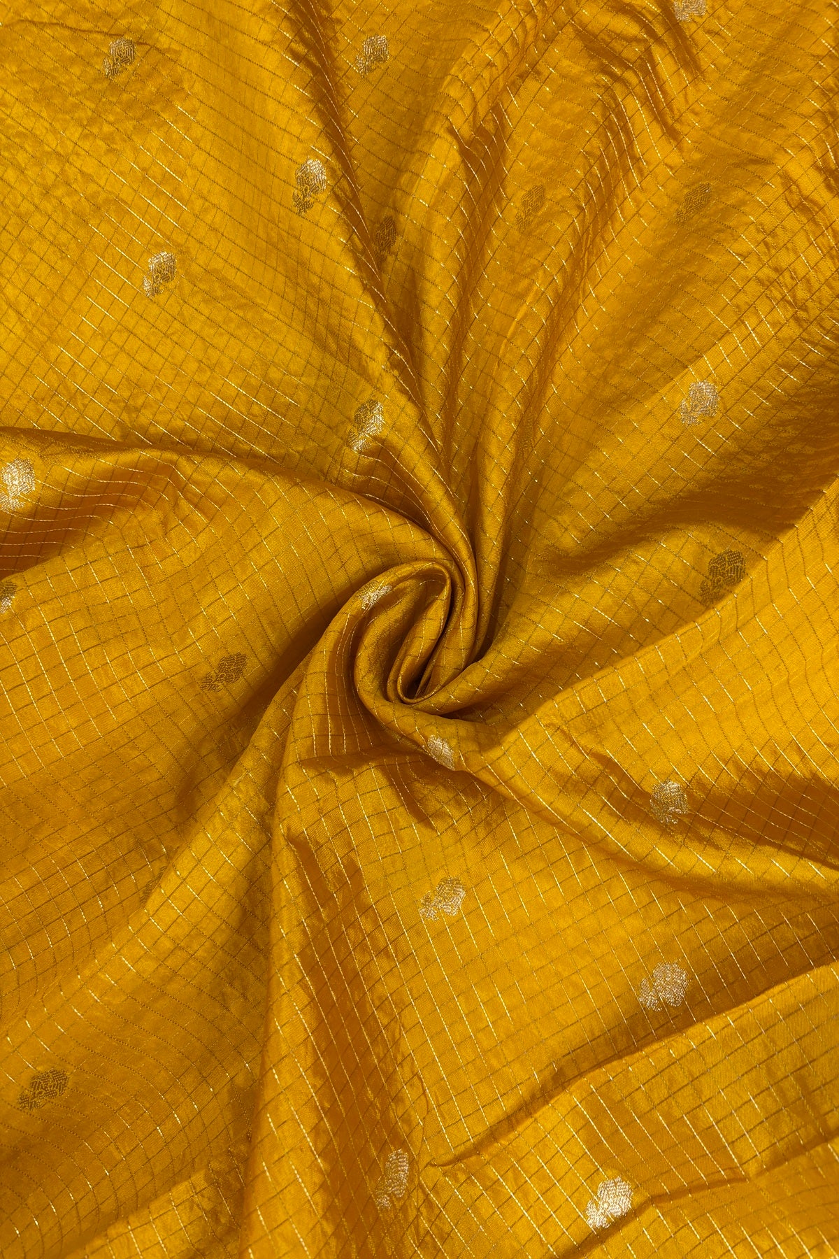 Pure Banaras Silk Fabric With Half Inch Zari Chex & Floral Motifs