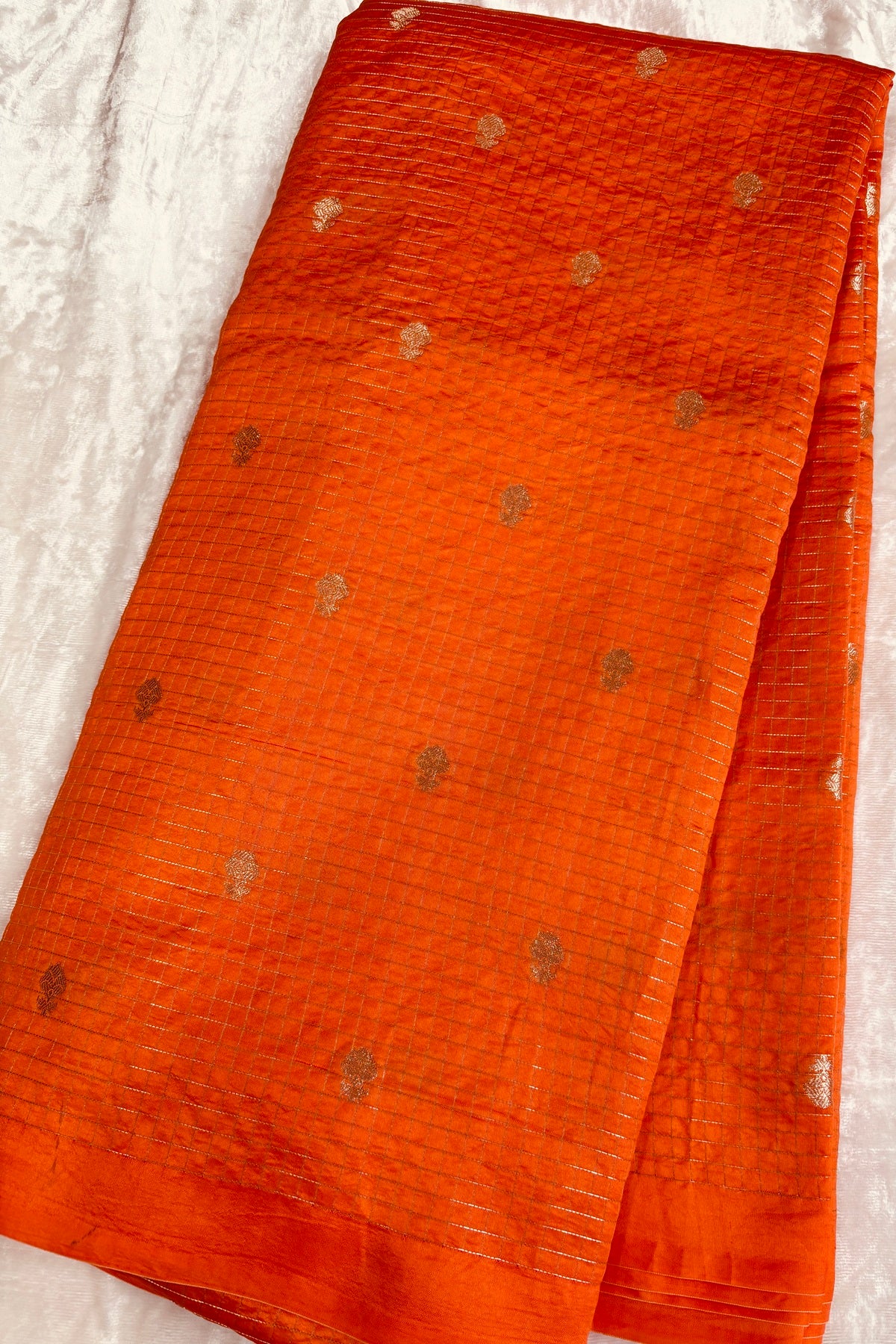 Pure Banaras Silk Fabric With Half Inch Zari Chex & Floral Motifs