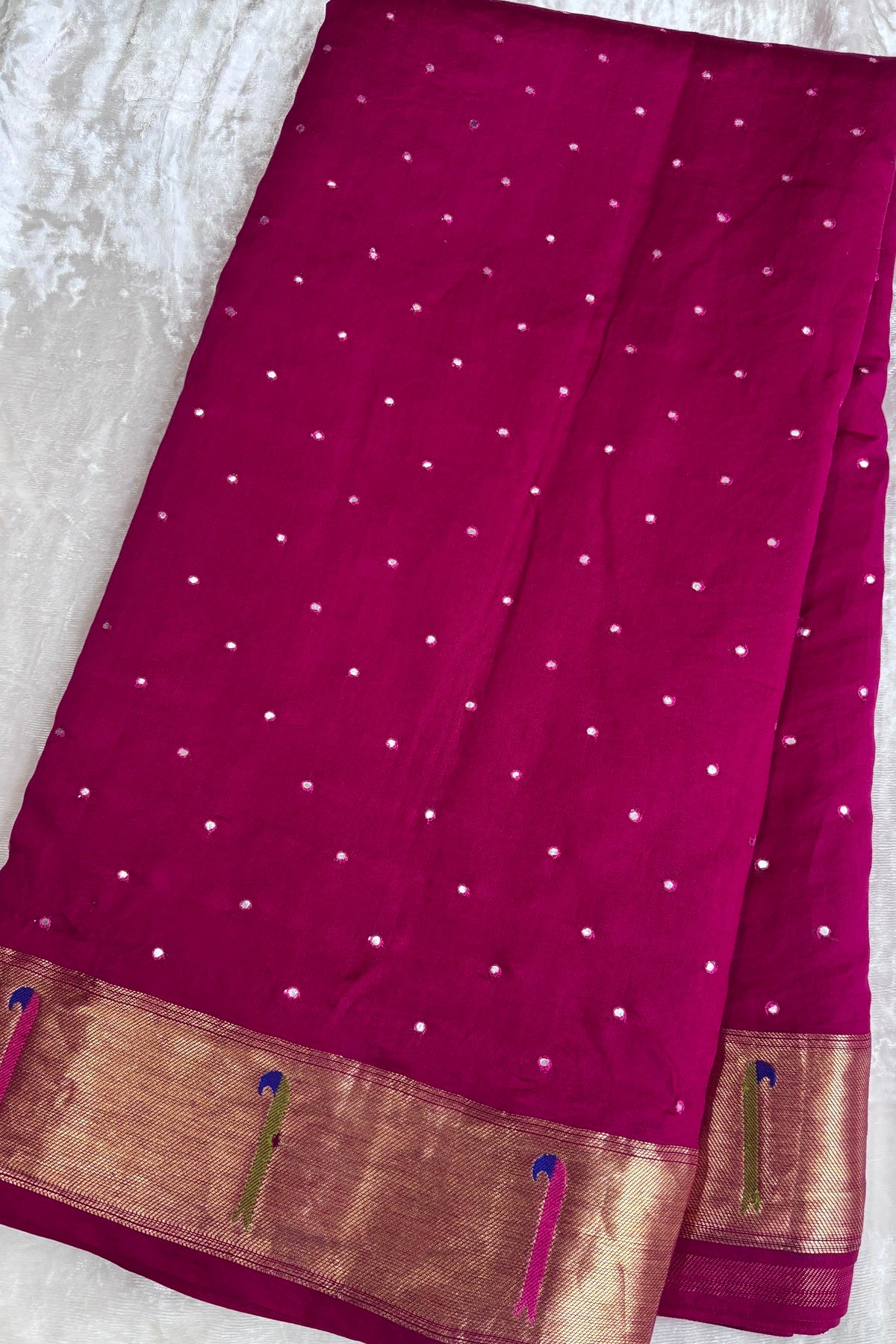 Mirror Worked Pure Banaras Chiniya Silk Fabric With Single Muniya Paithani Border