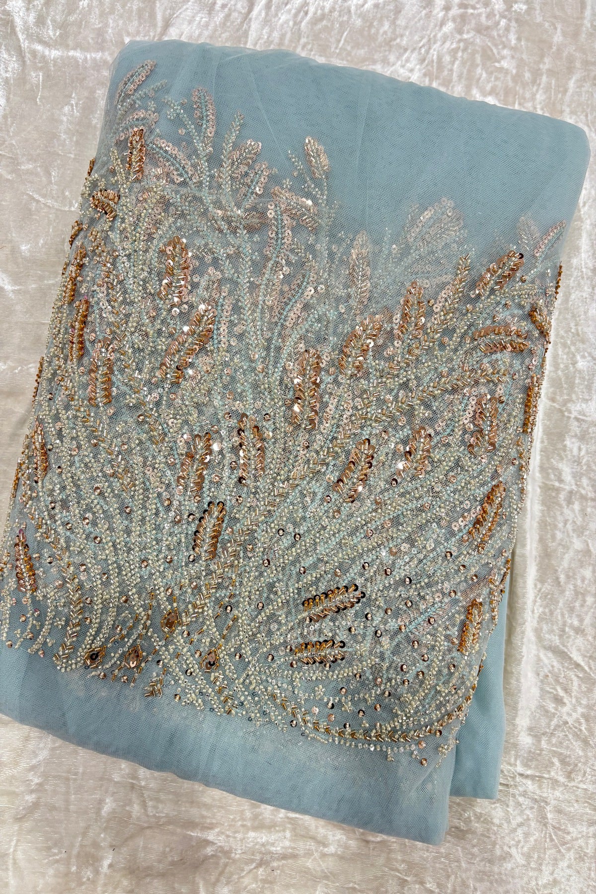 Coral Reef Patterned Cutbeads & Sequins Embroidered Net Fabric