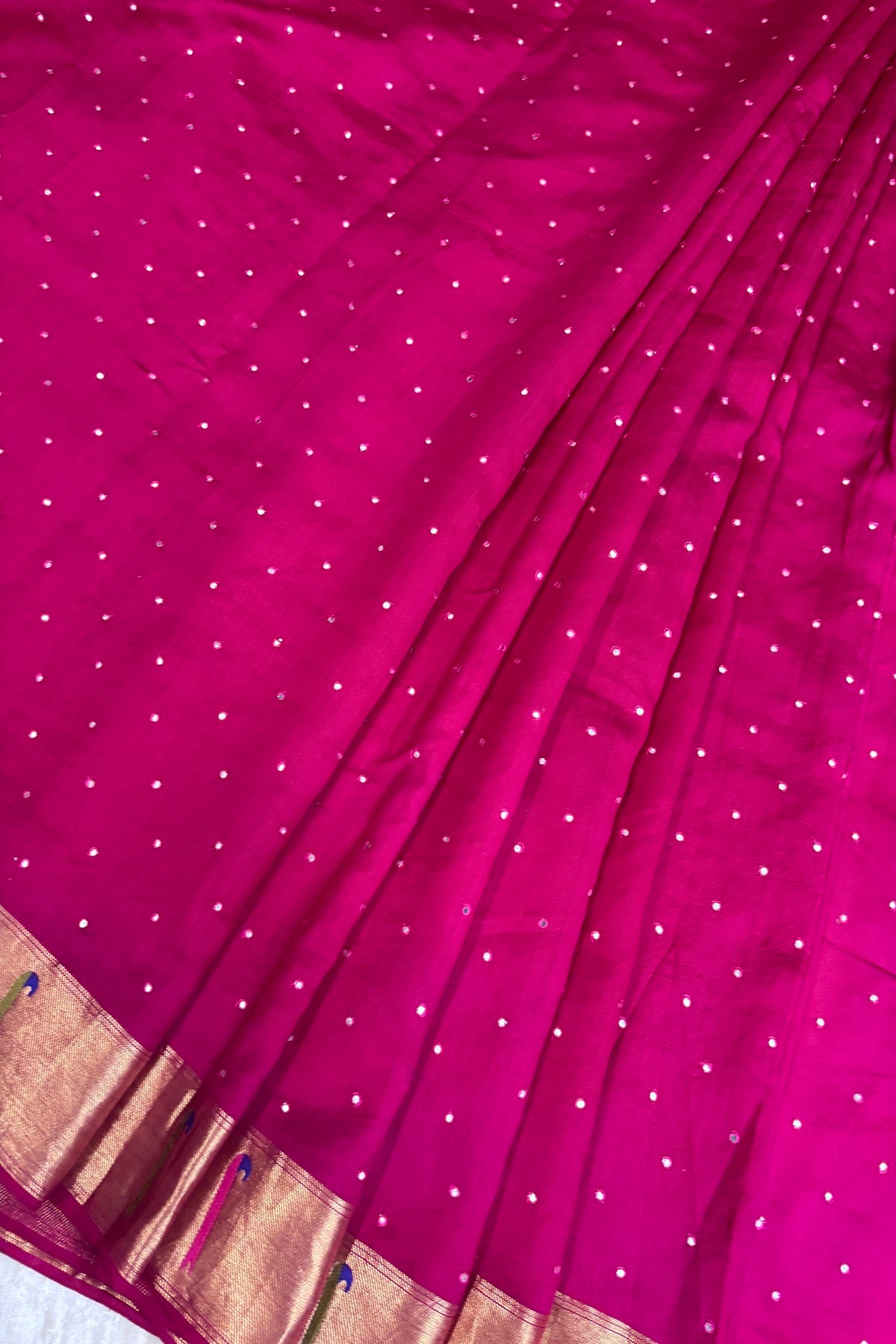 Mirror Worked Pure Banaras Chiniya Silk Fabric With Single Muniya Paithani Border