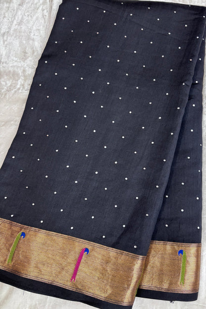 Mirror Worked Pure Banaras Chiniya Silk Fabric With Single Muniya Paithani Border