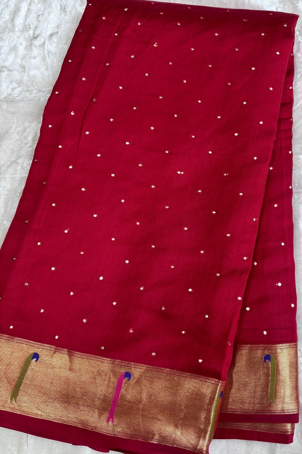 Mirror Worked Pure Banaras Chiniya Silk Fabric With Single Muniya Paithani Border