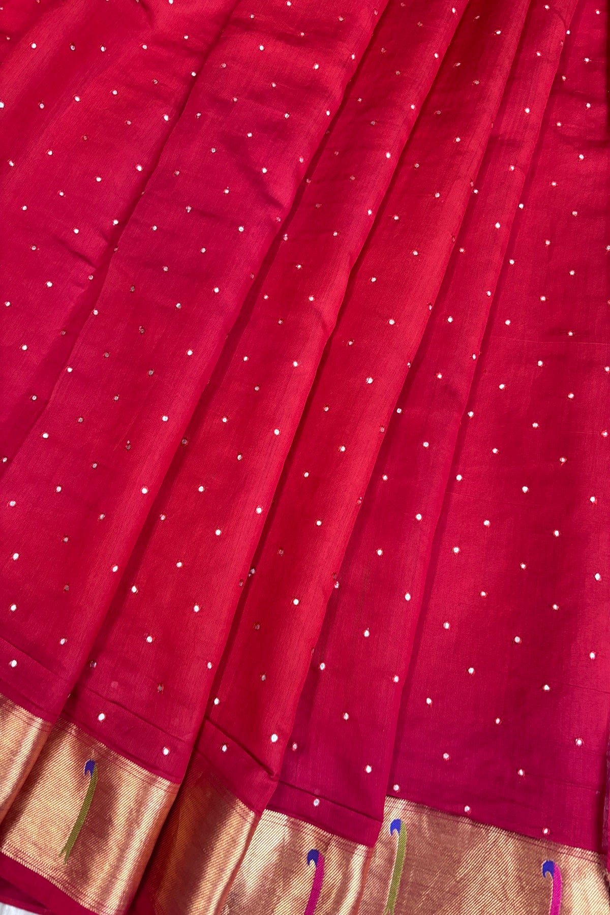 Mirror Worked Pure Banaras Chiniya Silk Fabric With Single Muniya Paithani Border