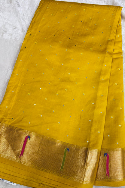 Mirror Worked Pure Banaras Chiniya Silk Fabric With Single Muniya Paithani Border