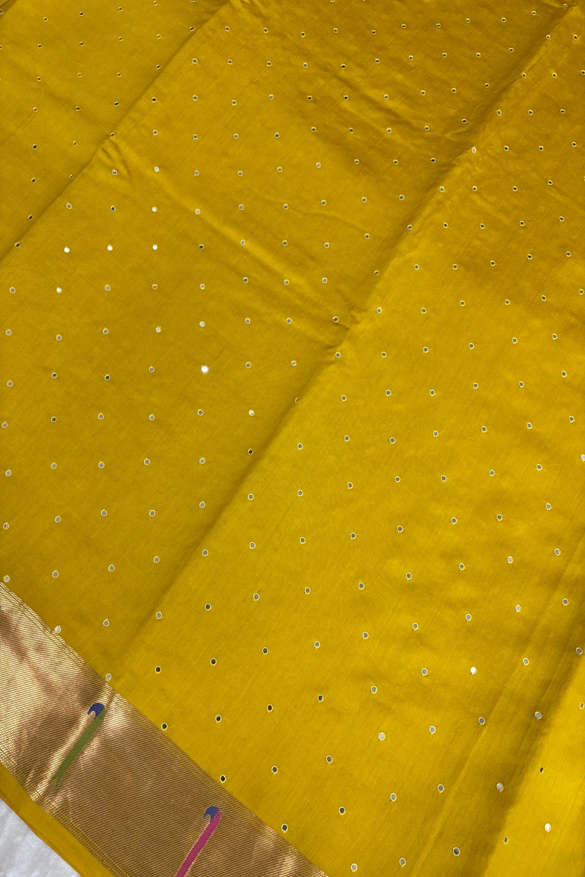 Mirror Worked Pure Banaras Chiniya Silk Fabric With Single Muniya Paithani Border