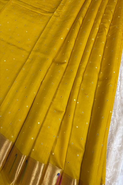 Mirror Worked Pure Banaras Chiniya Silk Fabric With Single Muniya Paithani Border