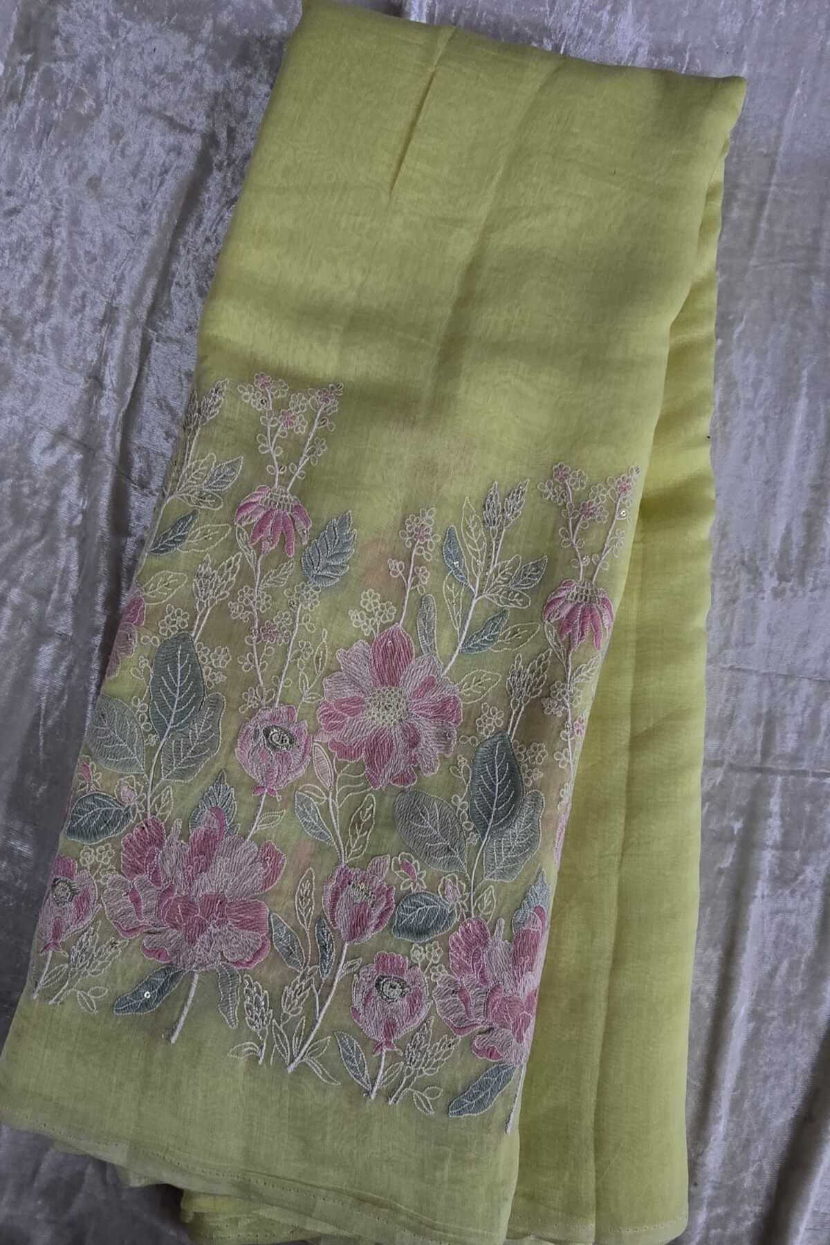Ikebana Inspired Pannel Embroidered Pure Mul Chanderi Fabric