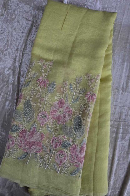 Ikebana Inspired Pannel Embroidered Pure Mul Chanderi Fabric